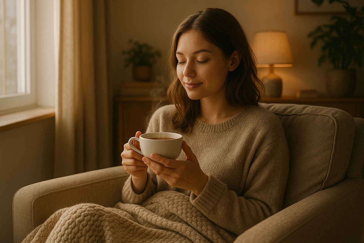 girl relaxing at home with cup of tea